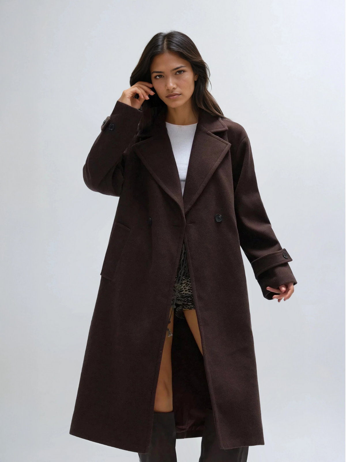 Sabine coffee brown longline coat shown full length with wide lapels