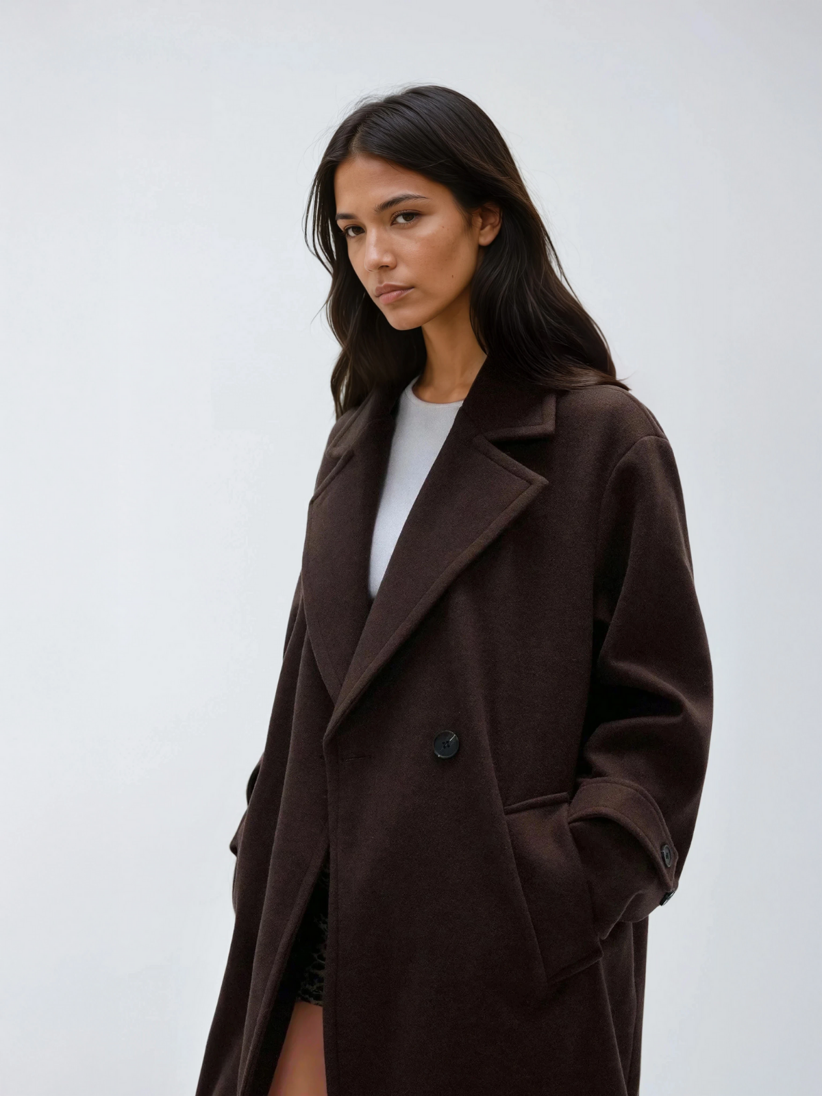 Sabine coffee brown coat showing the double-breasted front and notched lapel