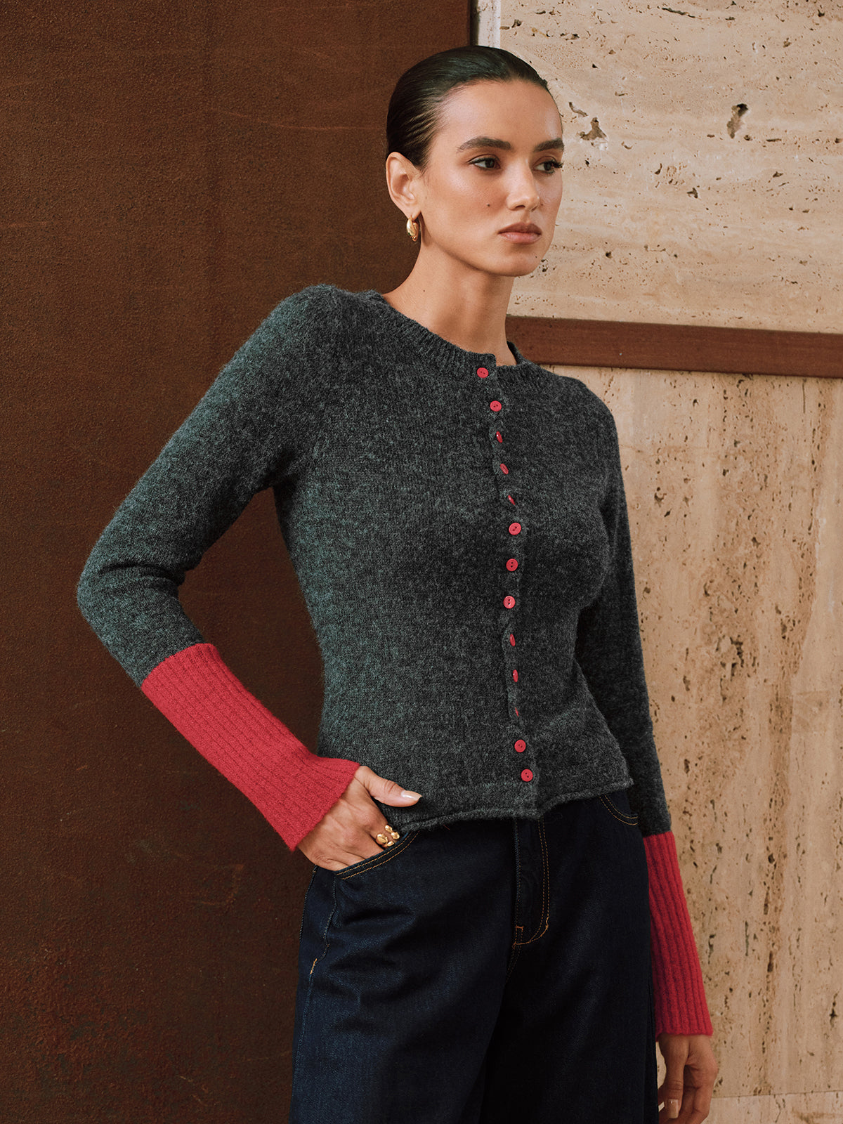 Sidonie gray cardigan with contrast cuffs, front view