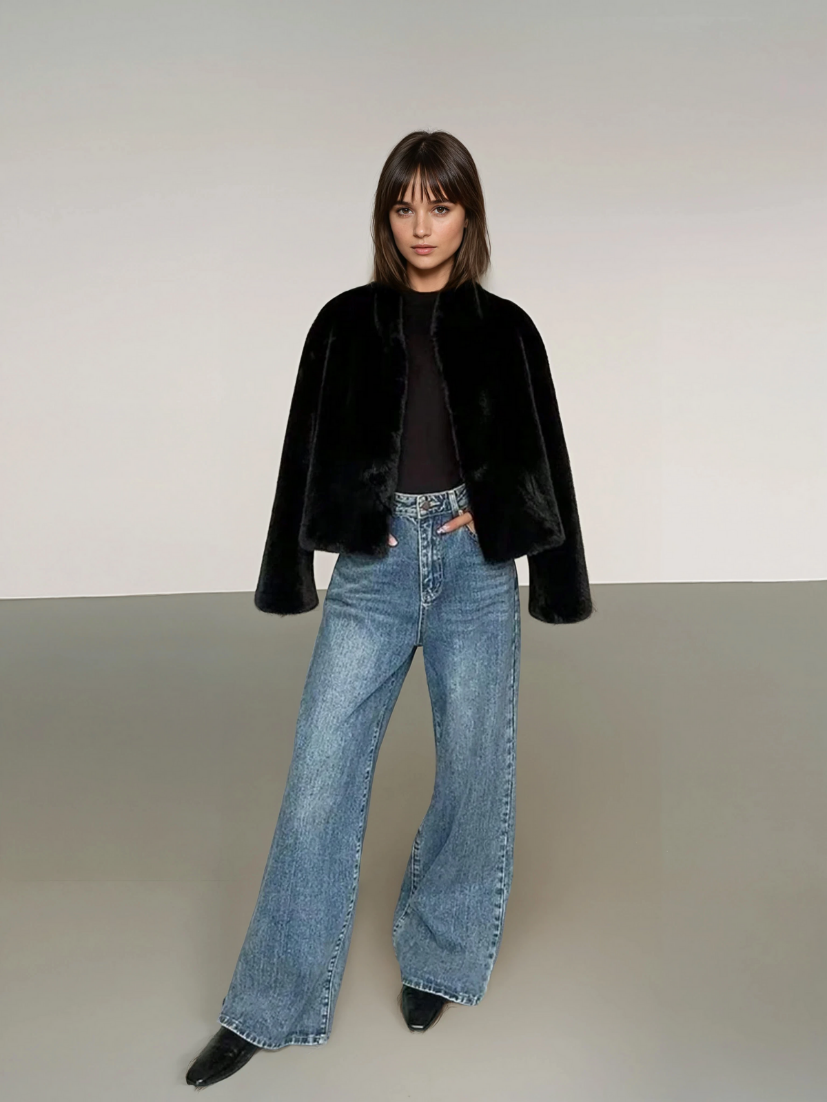 Solange black faux fur short coat, full-length view