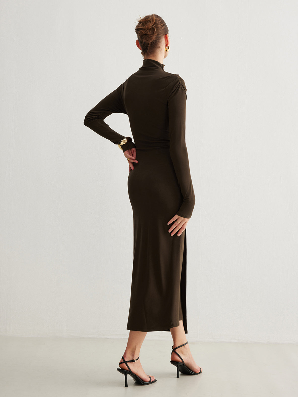Solene high-neck midi dress side fastening close-up