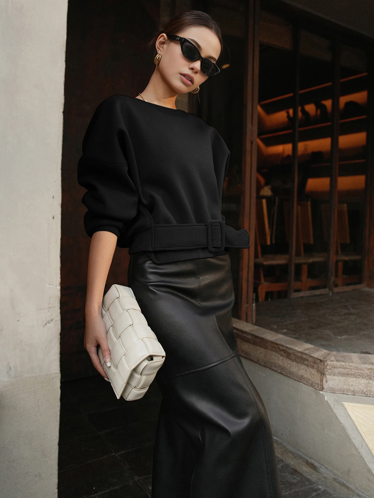 Stephanie black belted cropped sweatshirt, front view