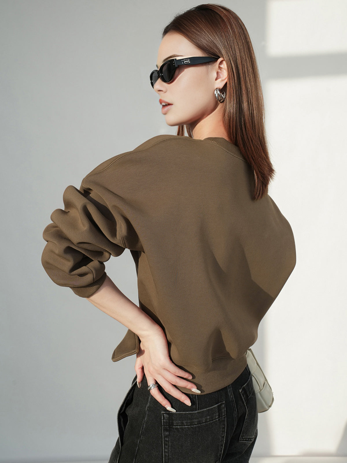 Stephanie brown belted cropped sweatshirt, back view