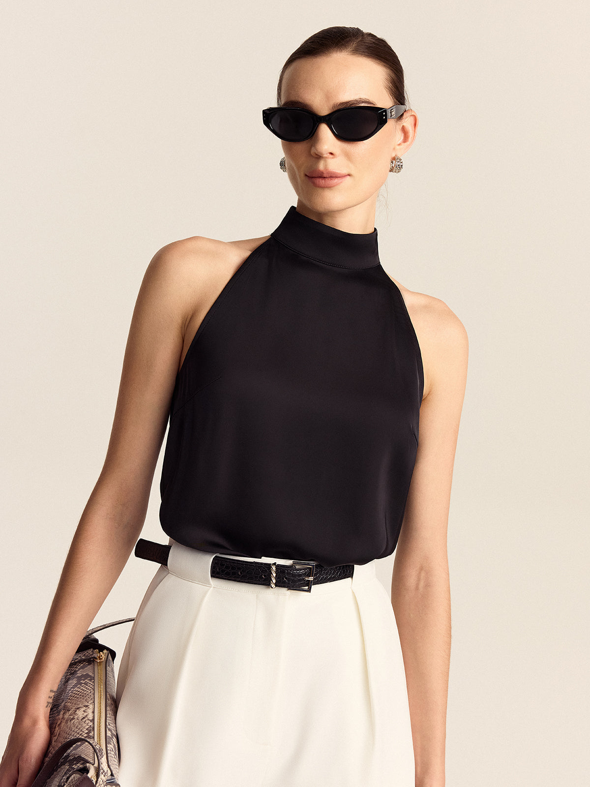 Sylvie black satin high-neck top, front view