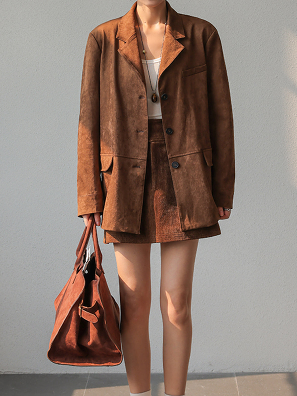 Ursule Brown oversized three-button blazer, front view