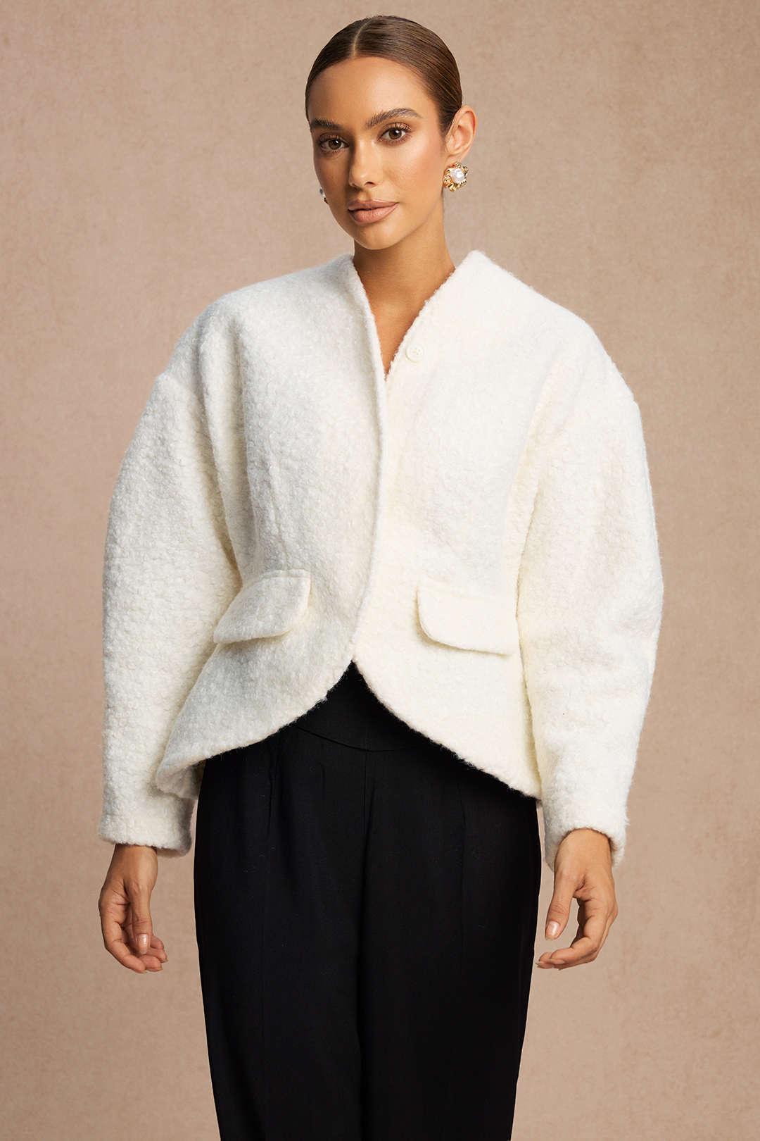 Valentine white curved-hem jacket worn fastened, front view