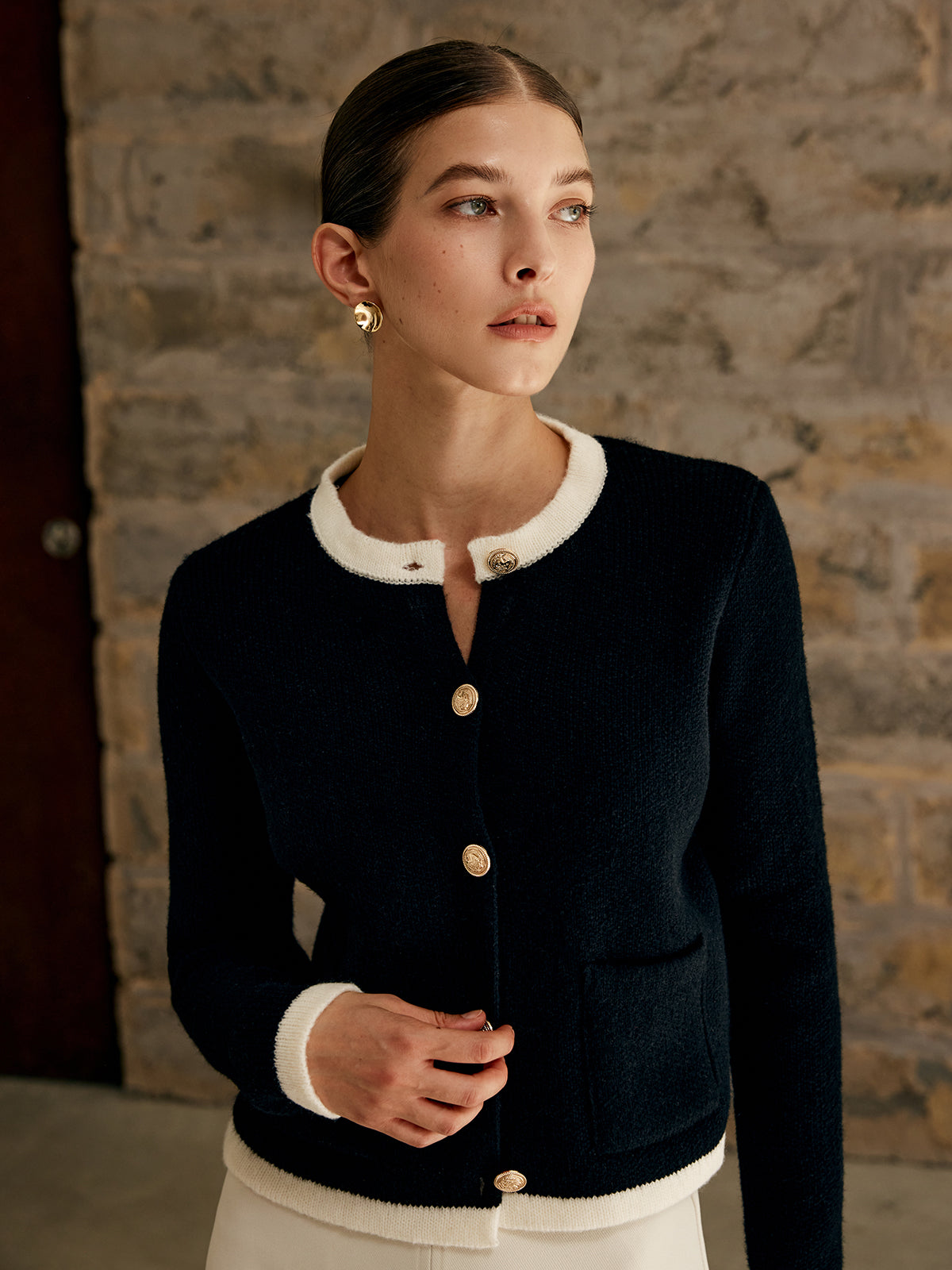 Veronique cardigan contrast trim and button detail
