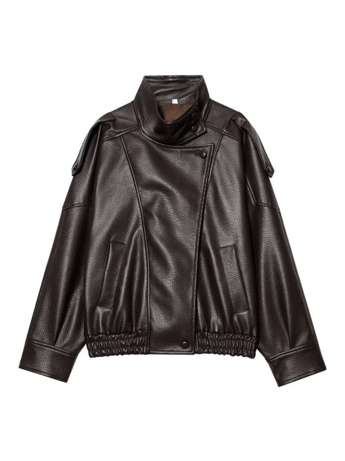 Victoire brown faux leather bomber jacket shown flat, front view