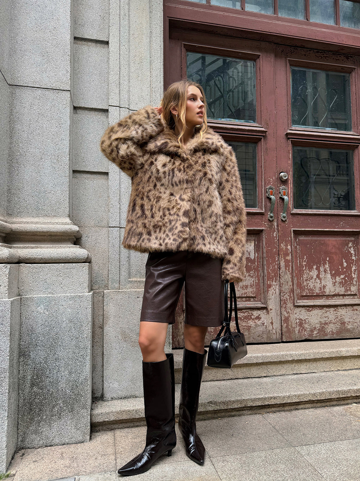 Vinciane leopard faux fur cropped coat, side view