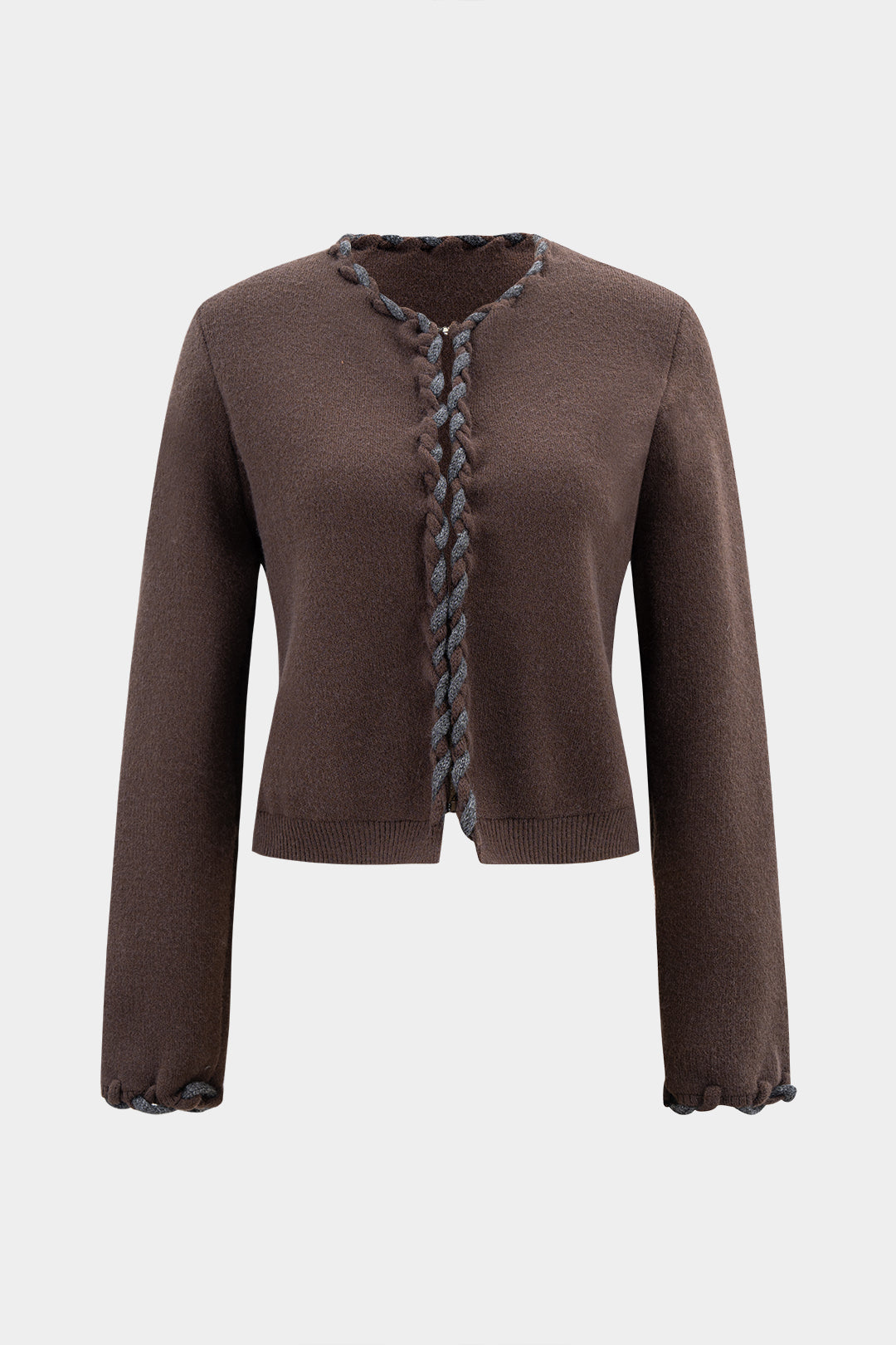Virginie brown braid-trim cropped cardigan laid flat, front