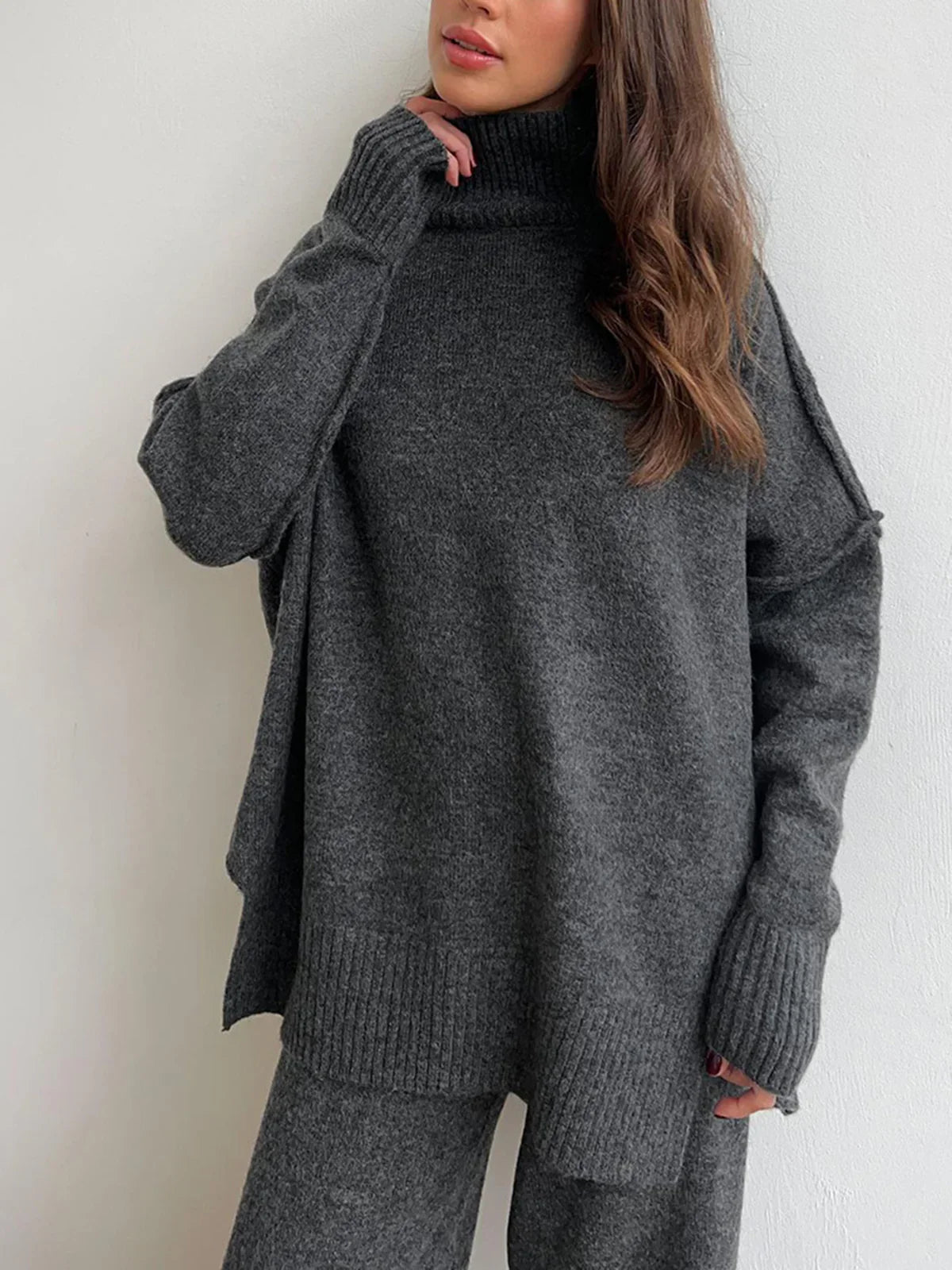Vivienne gray funnel-neck sweater and wide-leg trouser set, front view