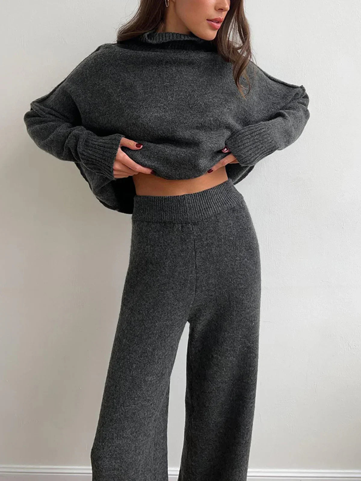 Vivienne gray knit set, full-length view