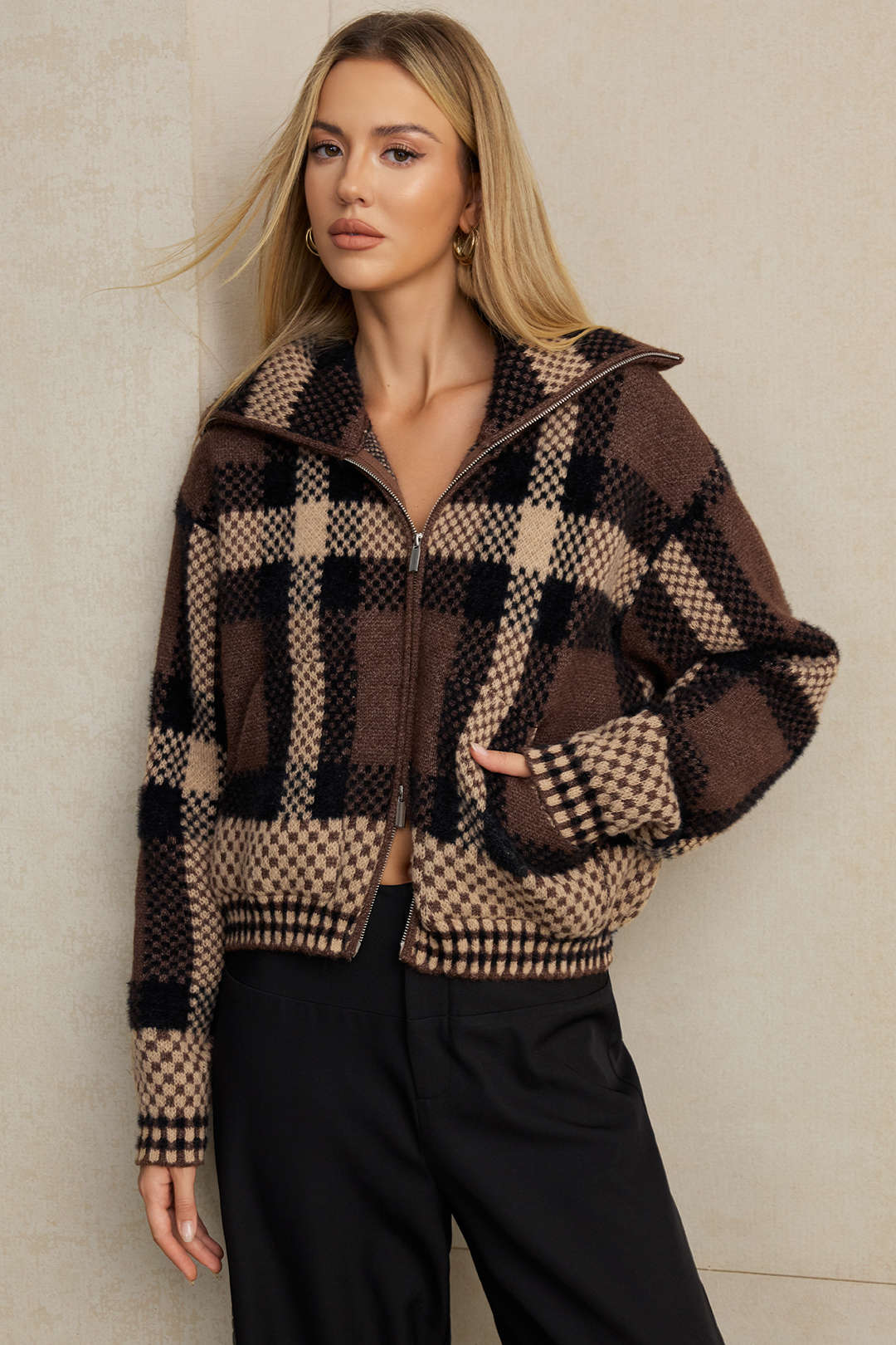 Yolande plaid zip-front cropped cardigan, three-quarter front view