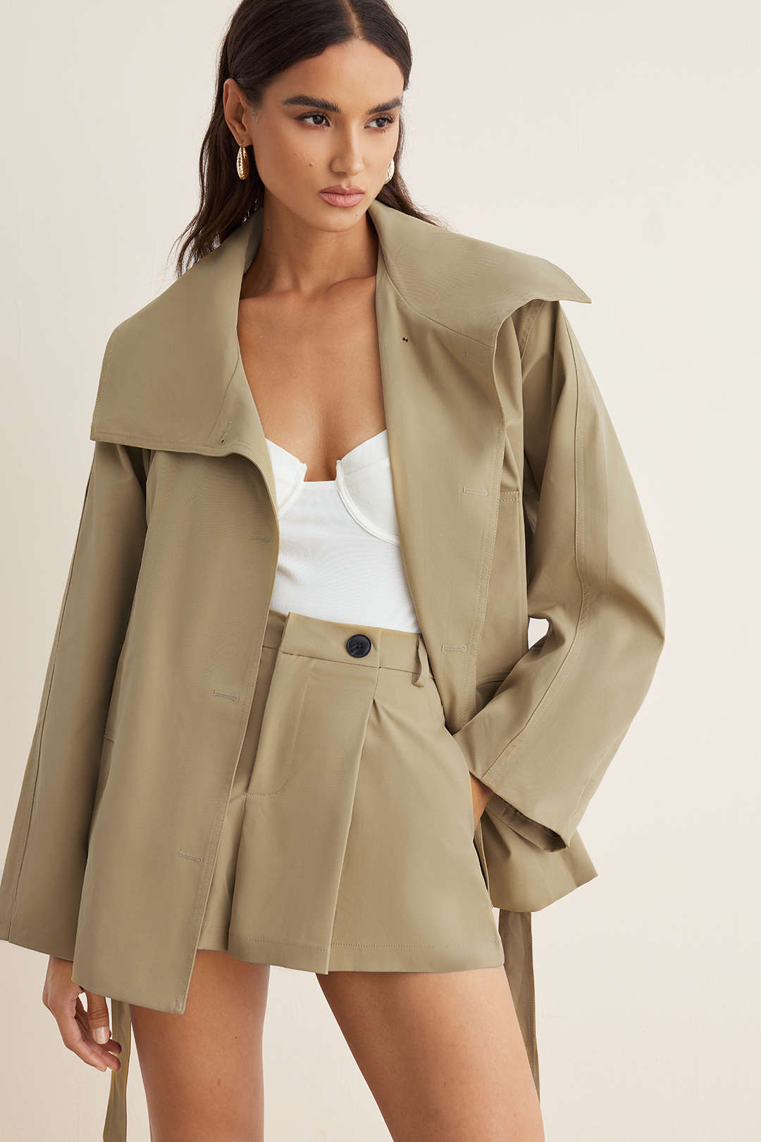 Zelie wide-collar belted jacket, side view