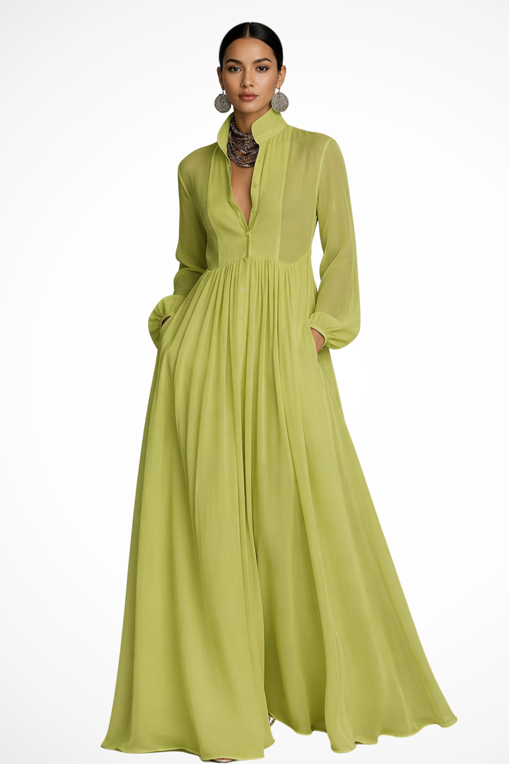 Winifred | Women Long Sleeve Button Front Maxi Dress with Pockets