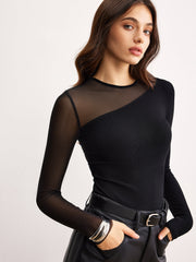 Manon black sheer-panel asymmetric blouse, front view