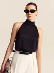 Sylvie black satin high-neck top, front view