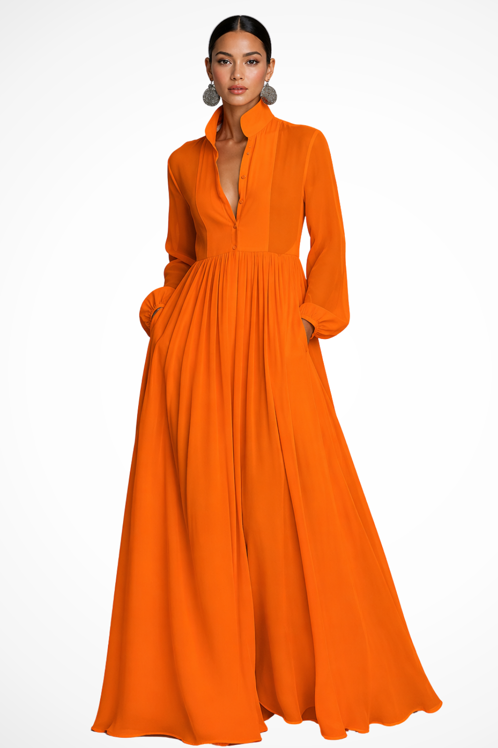 Winifred | Women Long Sleeve Button Front Maxi Dress with Pockets