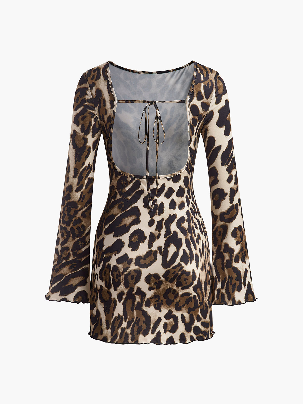 Jacqueline multicolor leopard print mini dress, laid flat showing the square open back and self-tie