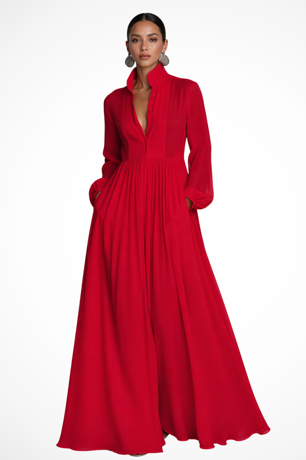 Winifred | Women Long Sleeve Button Front Maxi Dress with Pockets