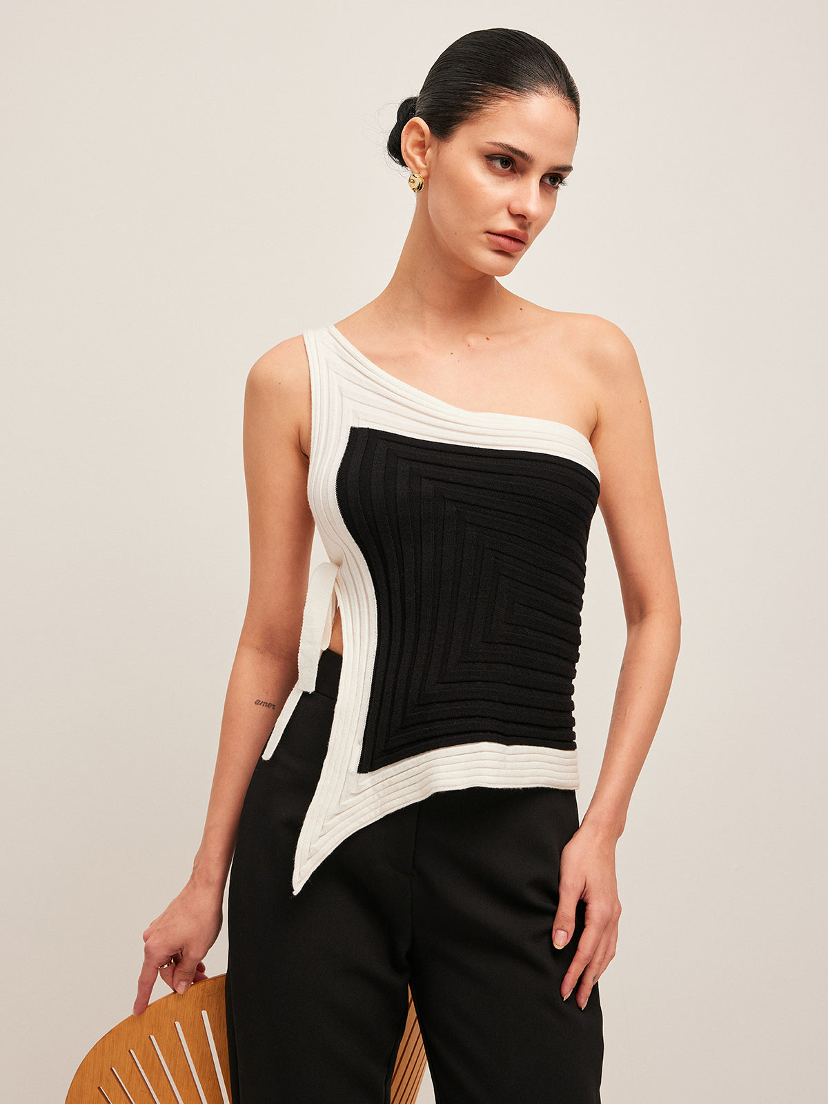 Ribbed top with side tie detail, back view