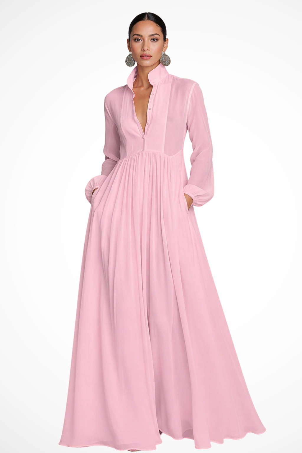 Winifred | Women Long Sleeve Button Front Maxi Dress with Pockets