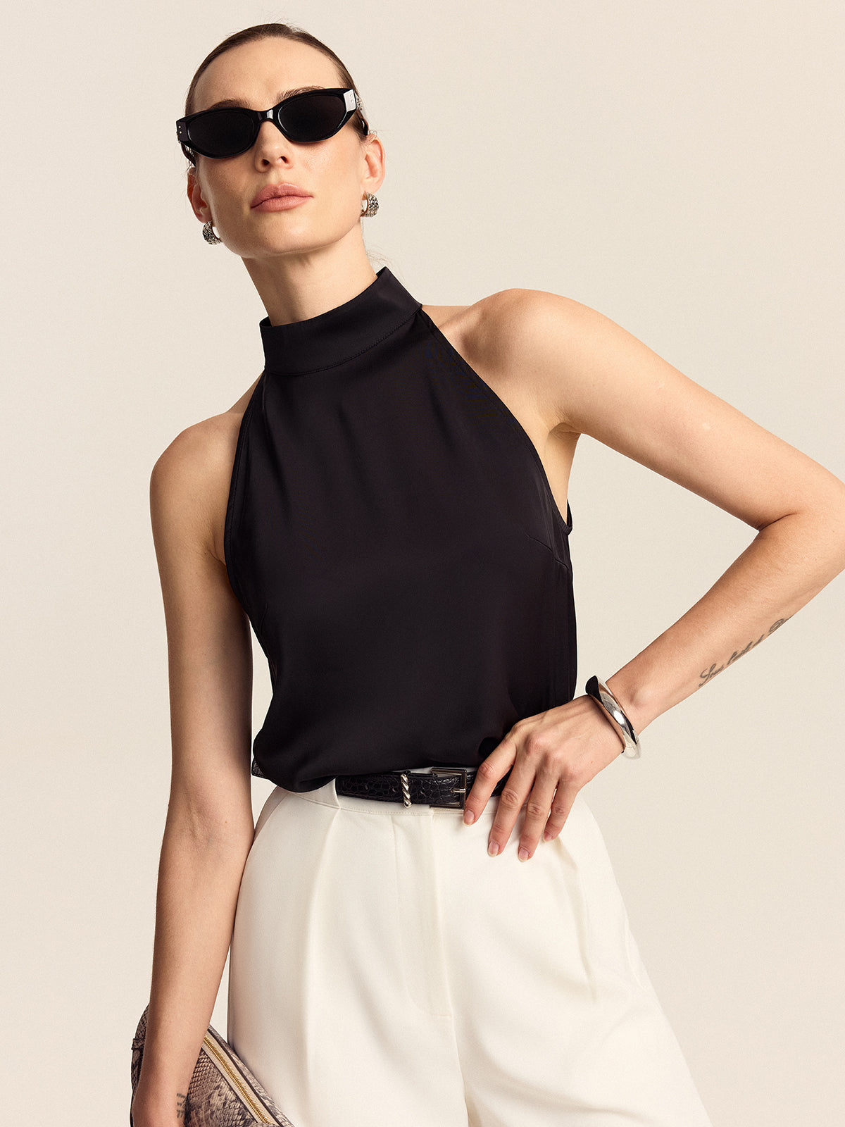 Black satin top, full-length view