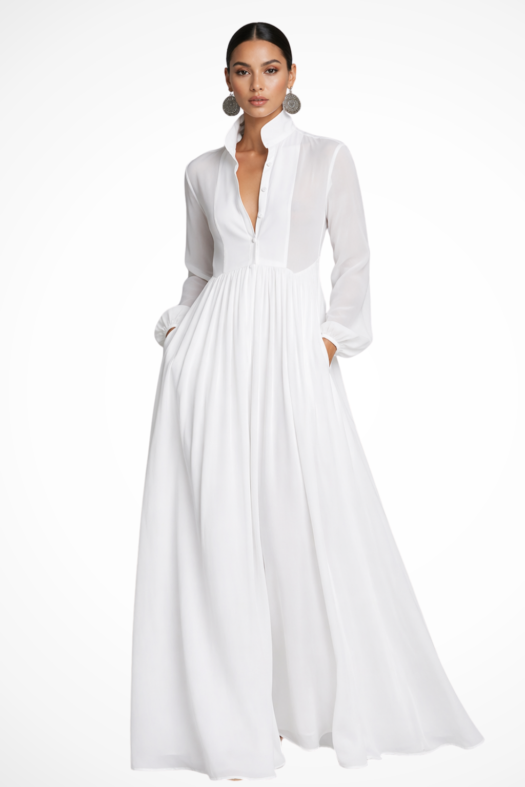 Winifred | Women Long Sleeve Button Front Maxi Dress with Pockets