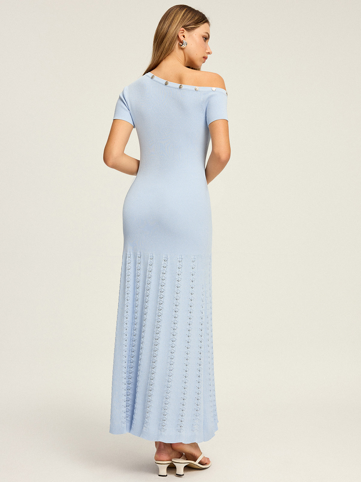 Light blue off-shoulder knit maxi dress, back view