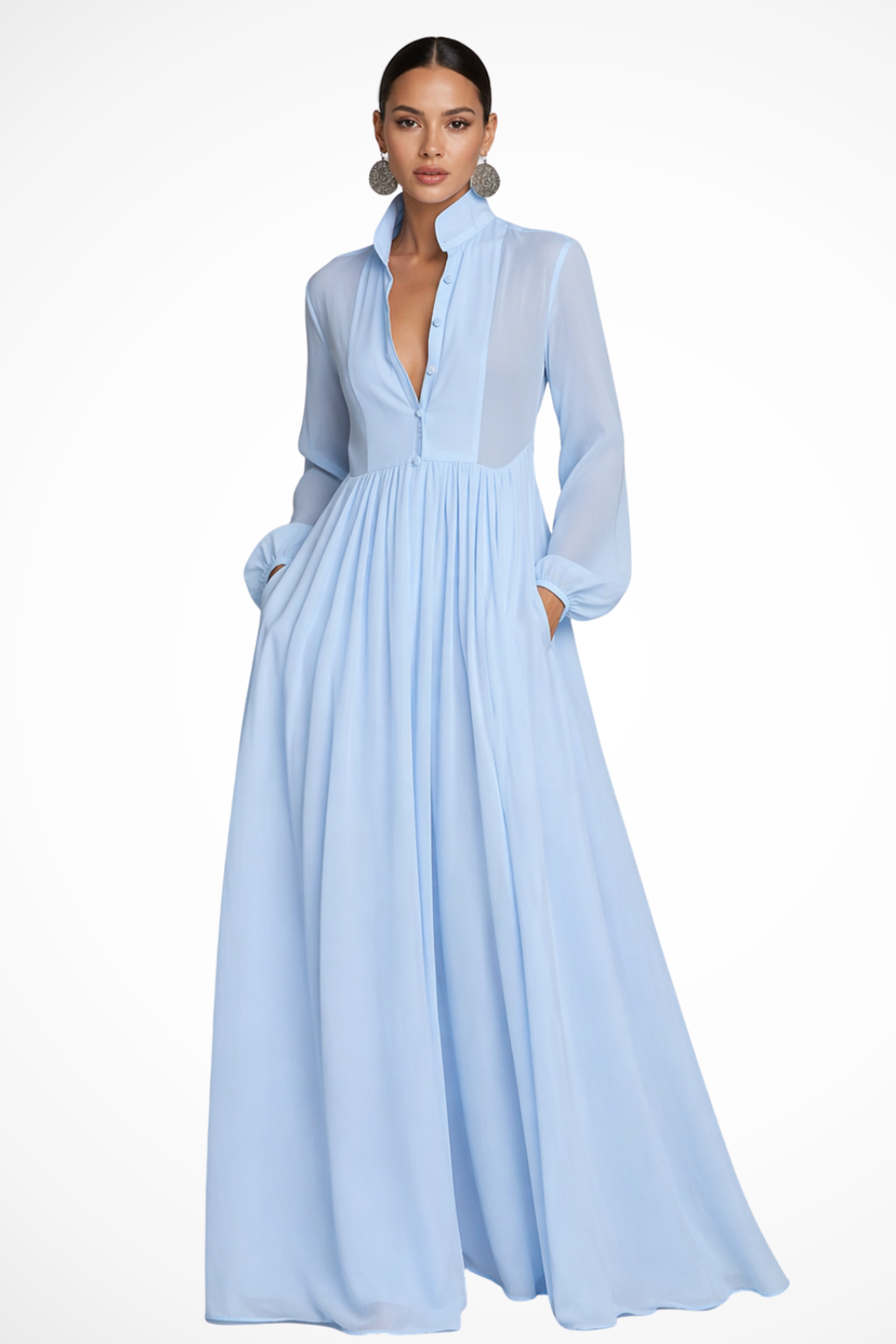 Winifred | Women Long Sleeve Button Front Maxi Dress with Pockets