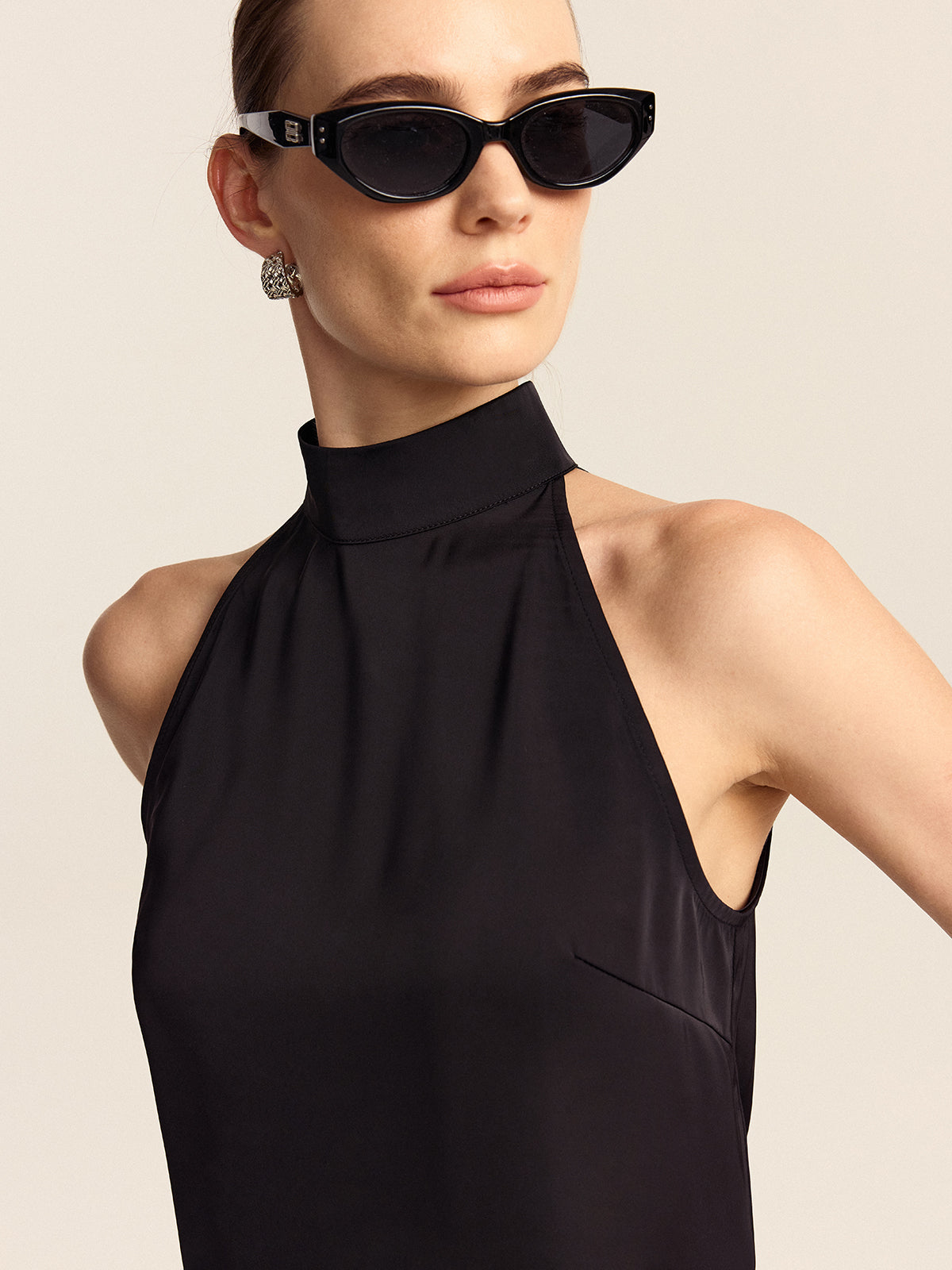 Satin top, fabric sheen detail