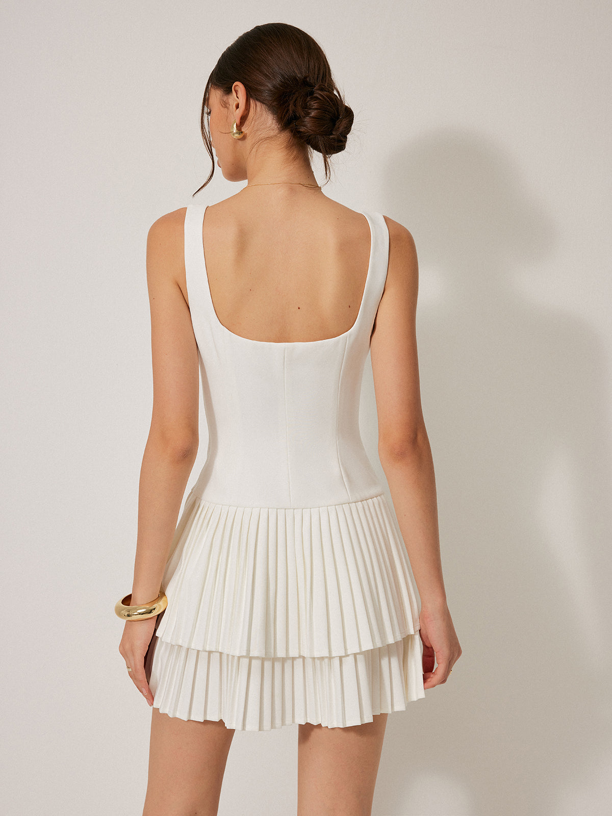 Hermine white square neck mini dress, back view showing the scooped back