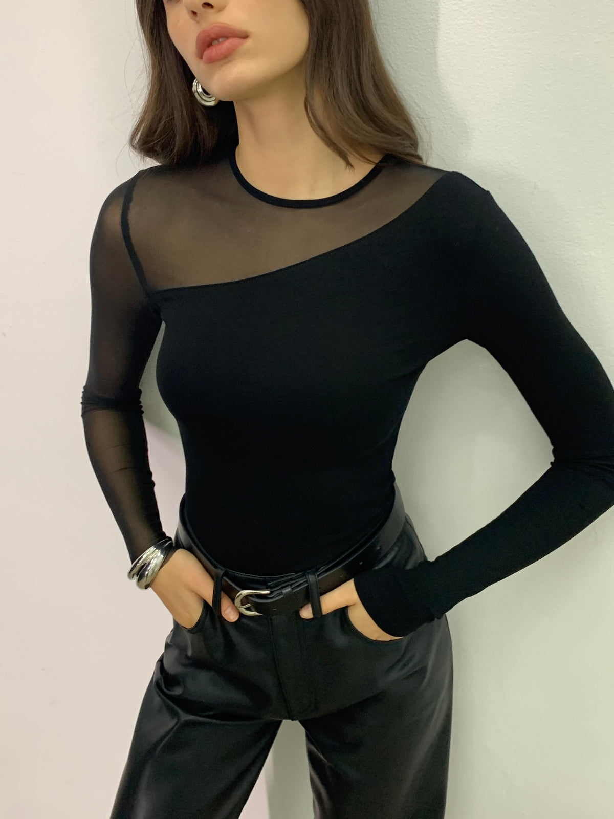 Sheer-panel asymmetric blouse, full-length view