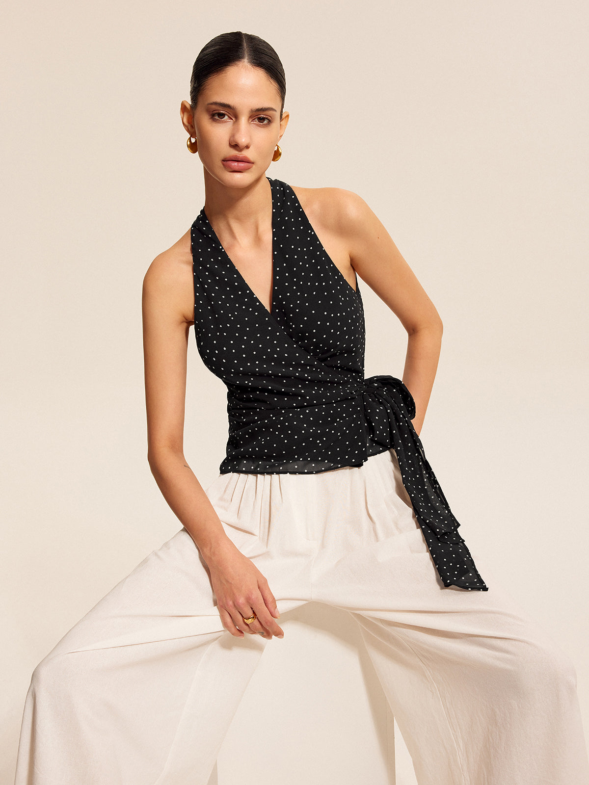 Black polka dot halter top, styled view