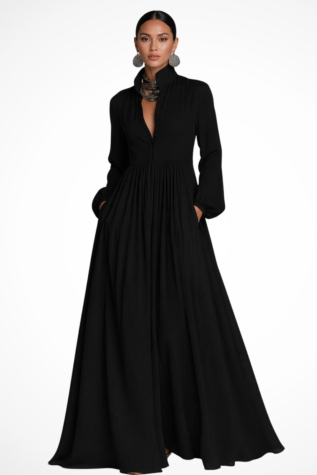 Winifred | Women Long Sleeve Button Front Maxi Dress with Pockets