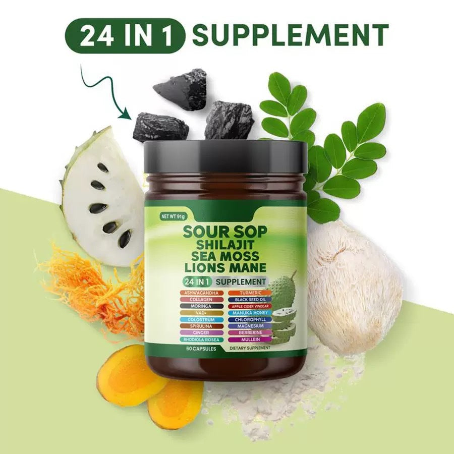24-in-1 Soursop Wellness Supplement with Sea Moss, Black Seed Oil & Turmeric — 60 Capsules