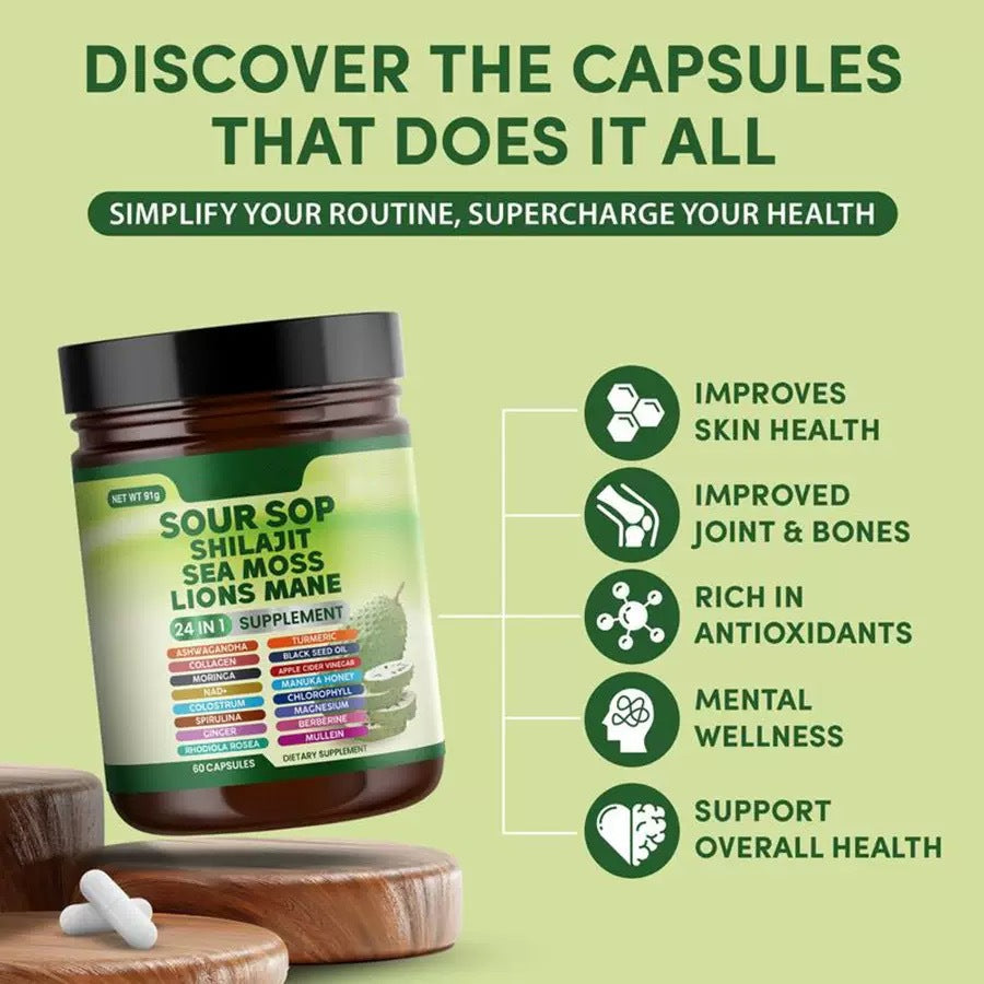 24-in-1 Soursop Wellness Supplement with Sea Moss, Black Seed Oil & Turmeric — 60 Capsules