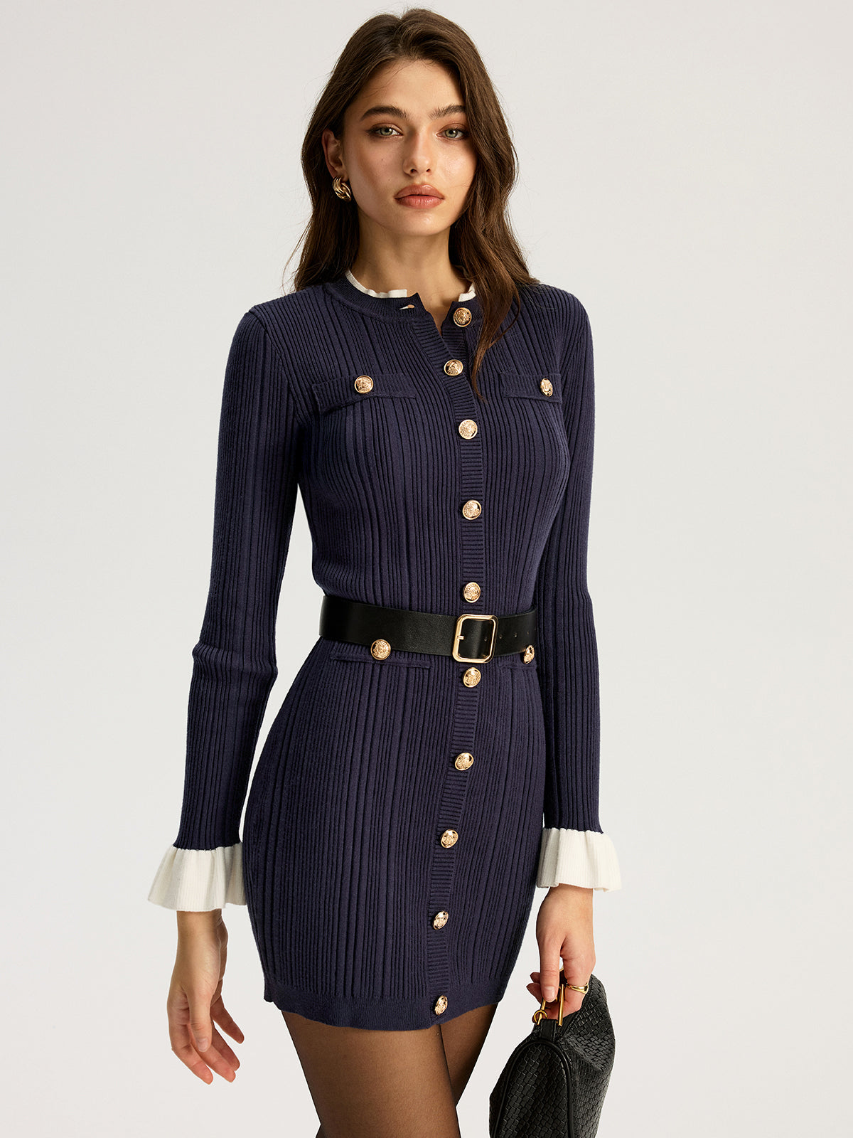 Pascale navy ribbed knit mini dress with black belt, front view