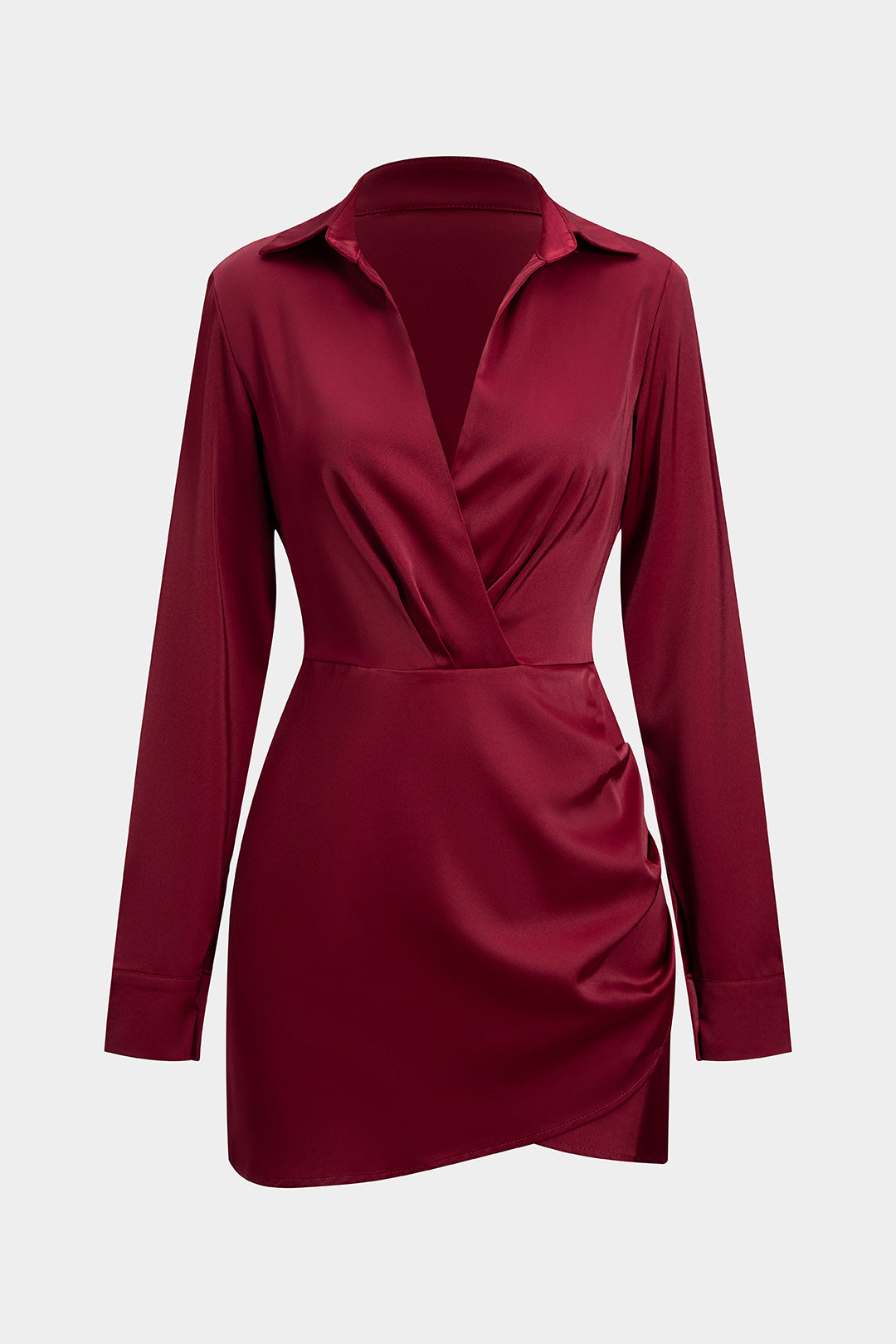 Red wrap dress with asymmetric hem, back view