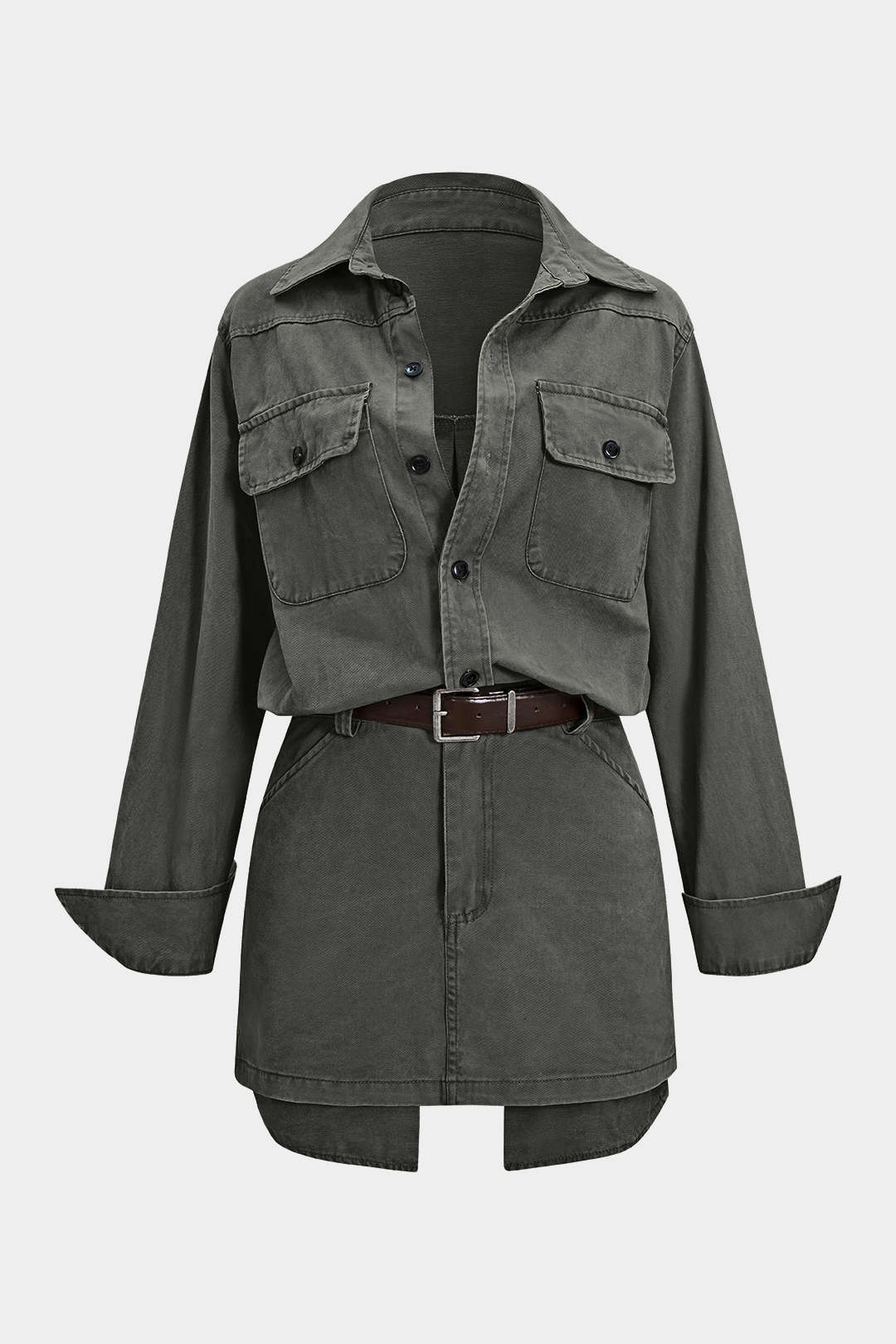 Clotilde green belted shirt mini dress, laid flat, front