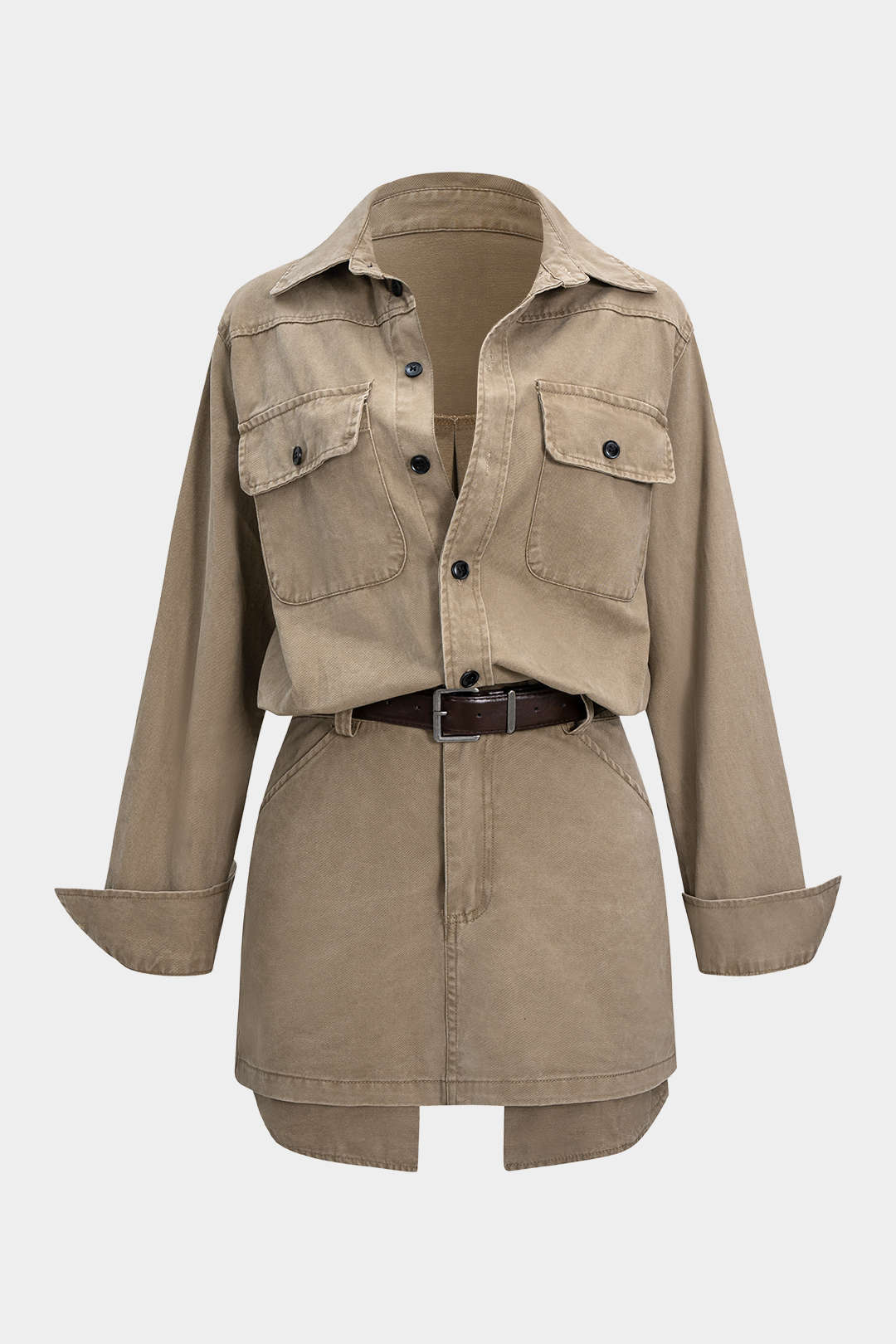 Clotilde khaki belted shirt mini dress, laid flat, front
