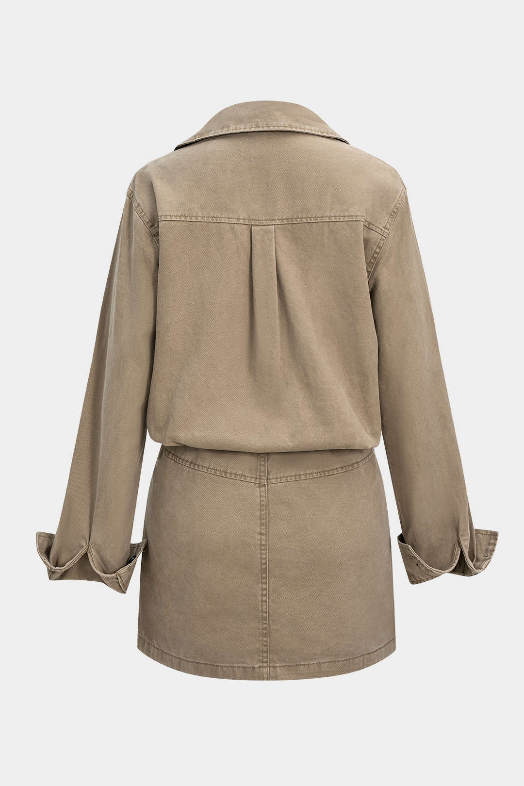 Clotilde khaki belted shirt mini dress, laid flat, back