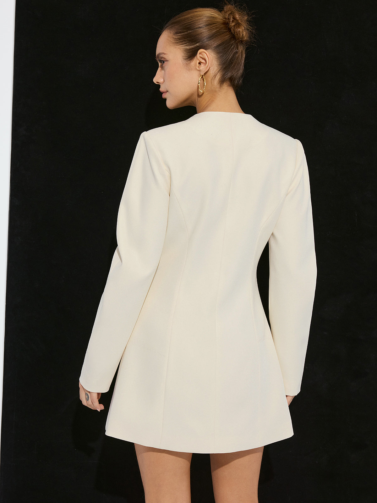 White long-sleeve blazer dress, full-length view