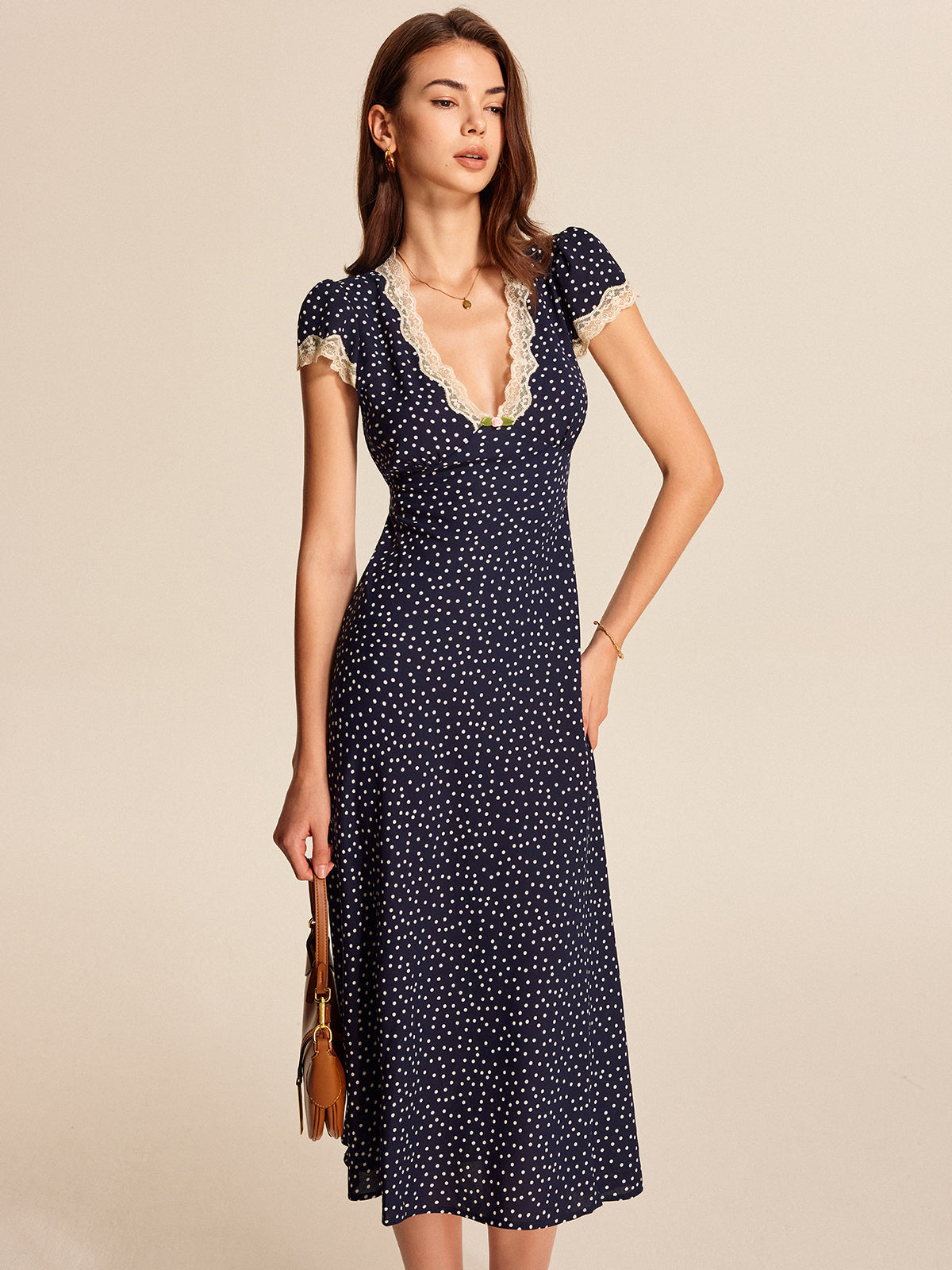 Blue V-neck midi dress, back view