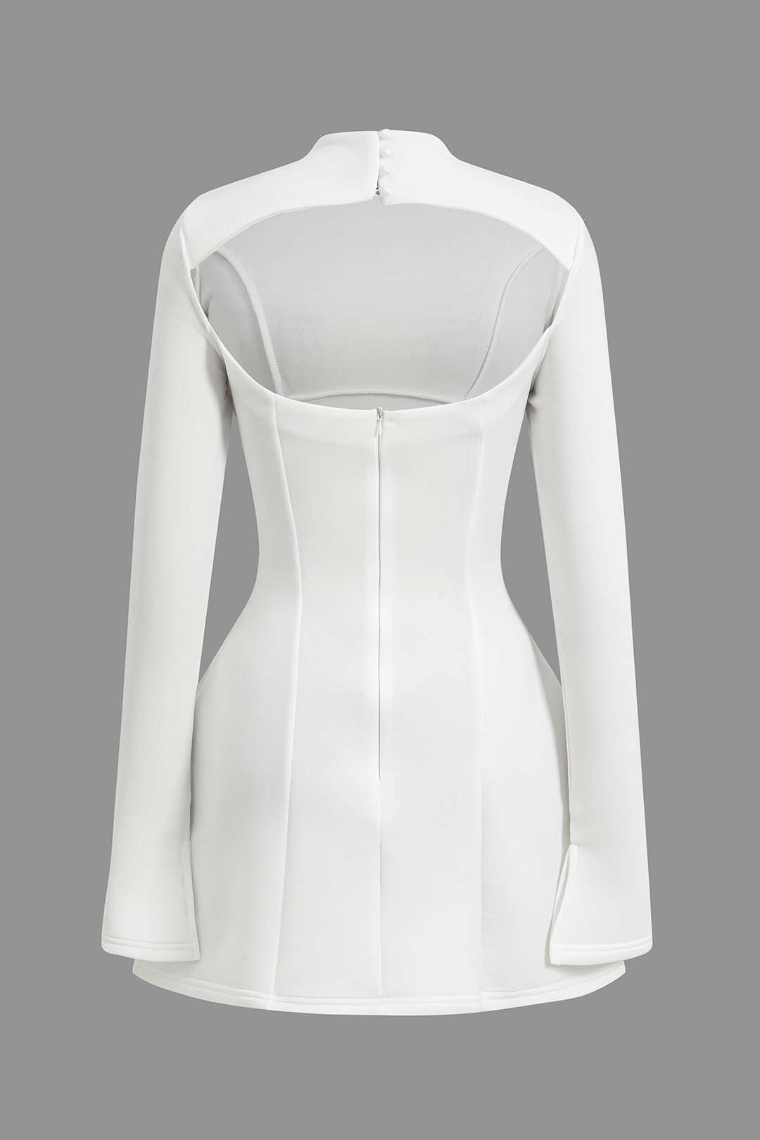 White long-sleeve mini dress, back view