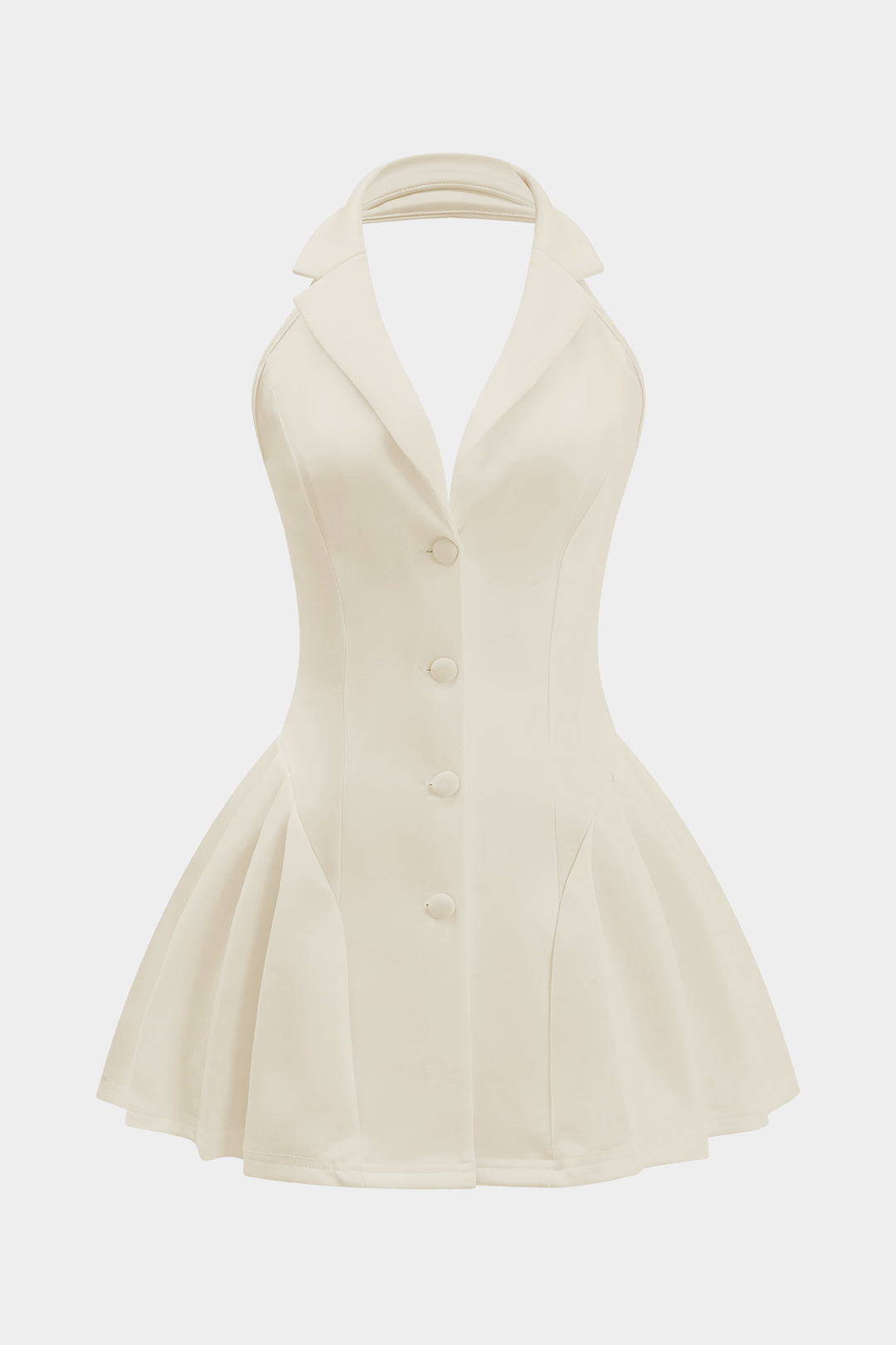 Elvire cream halter neck pleated mini dress, laid flat, front