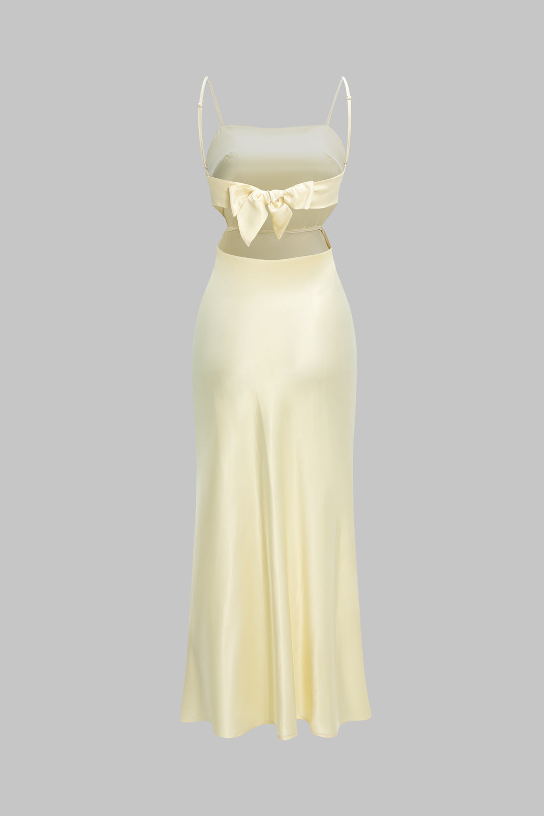 Melanie champagne midi dress, full-length back view with the open back and bow