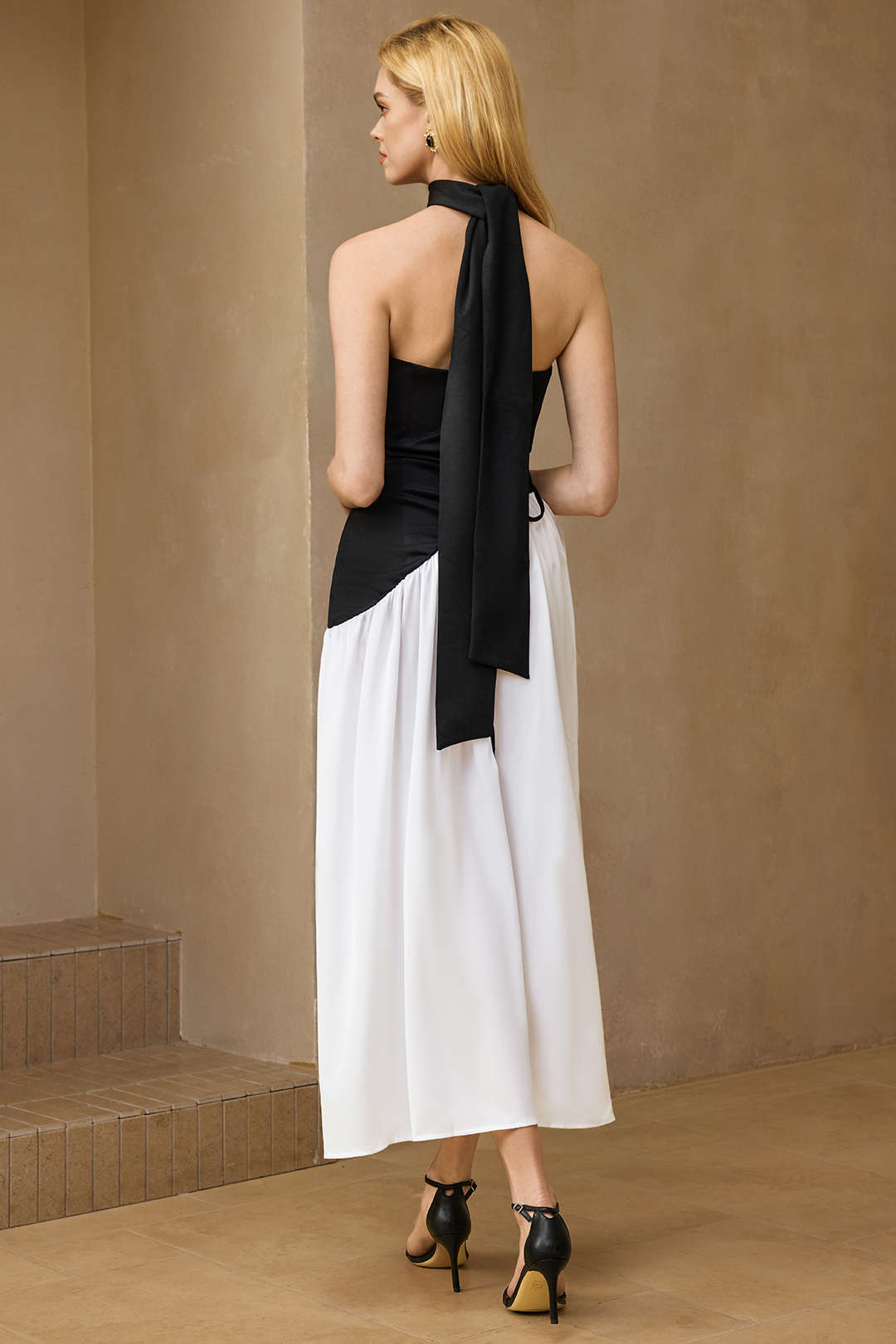 Constance maxi dress, back view showing the neck tie tails