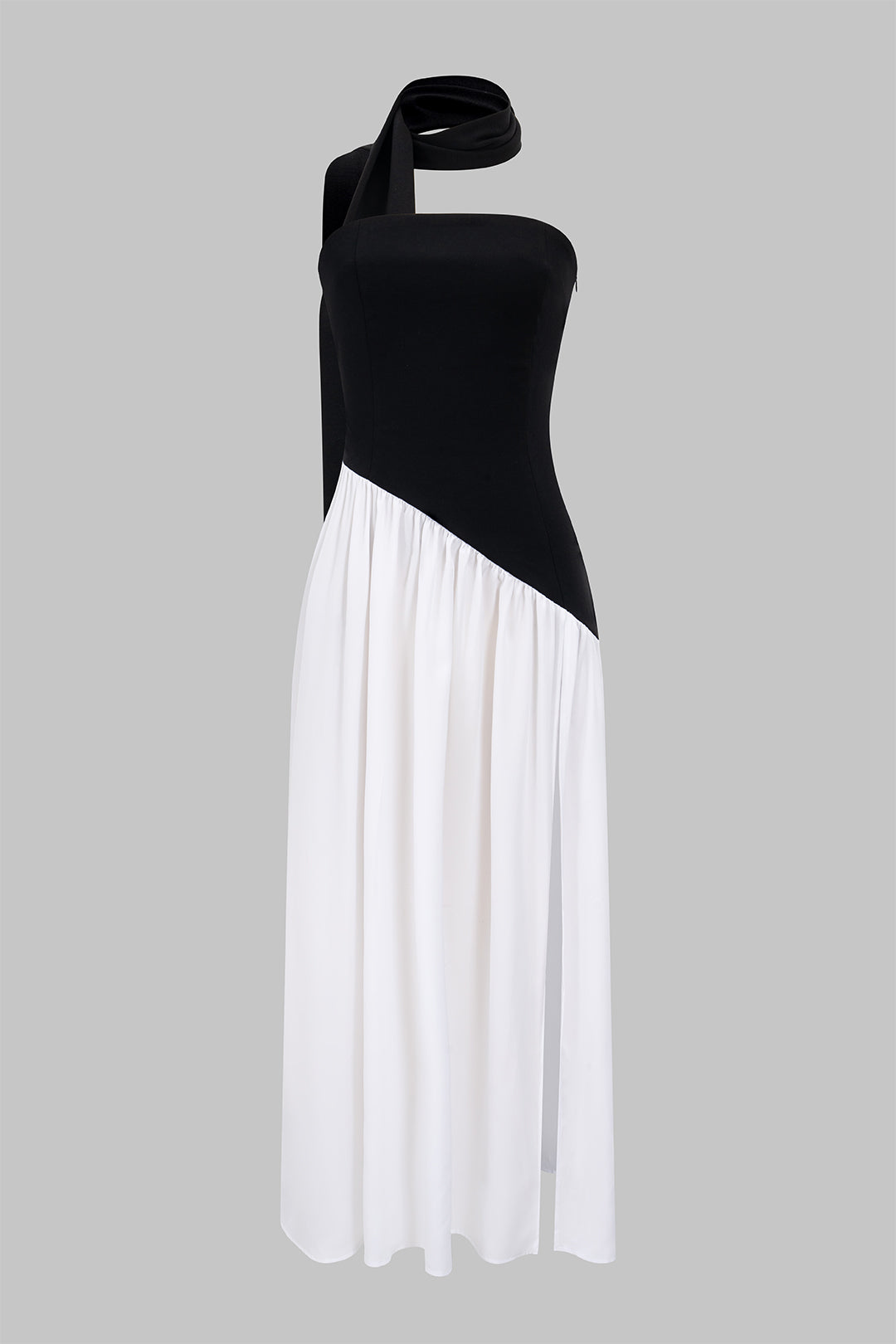 Constance black and white maxi dress with the neck tie over one shoulder, front view