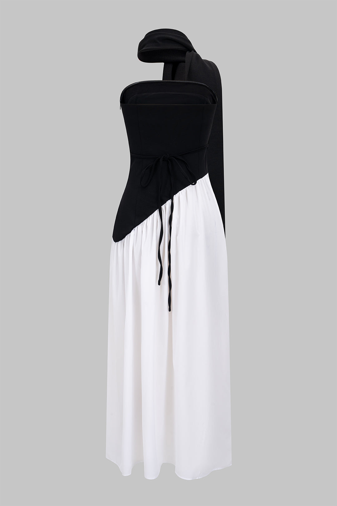 Constance maxi dress showing the detachable neck tie, front view